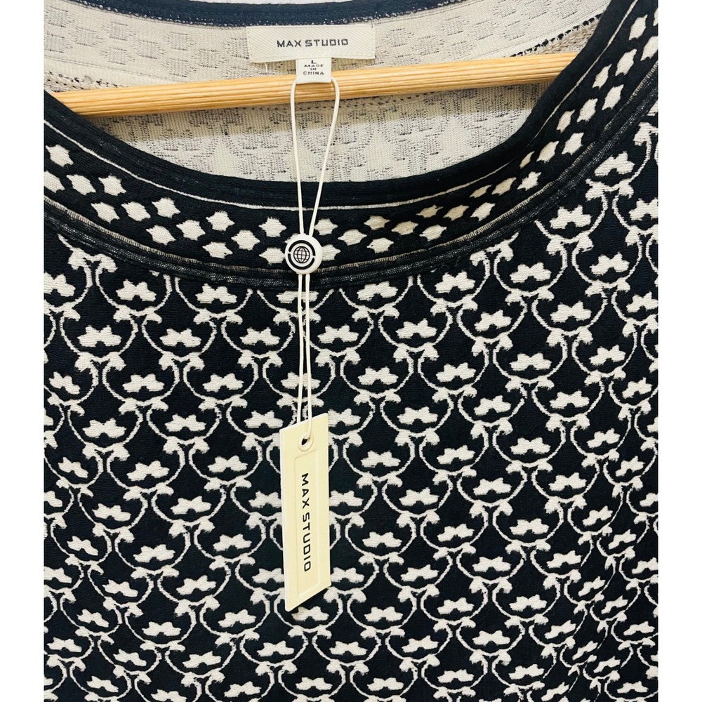 Max Studio Knit Dress Black White‎ Patterned 3/4 Sleeve Career Casual L - Picture 2 of 4